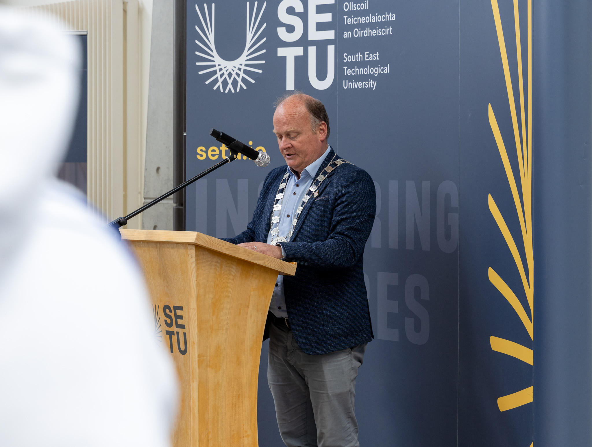 Councillor Fergal Browne, Cathaoirleach of Carlow County Council welcoming guests to the opening of the Architectural Technology Exhibition in Carlow