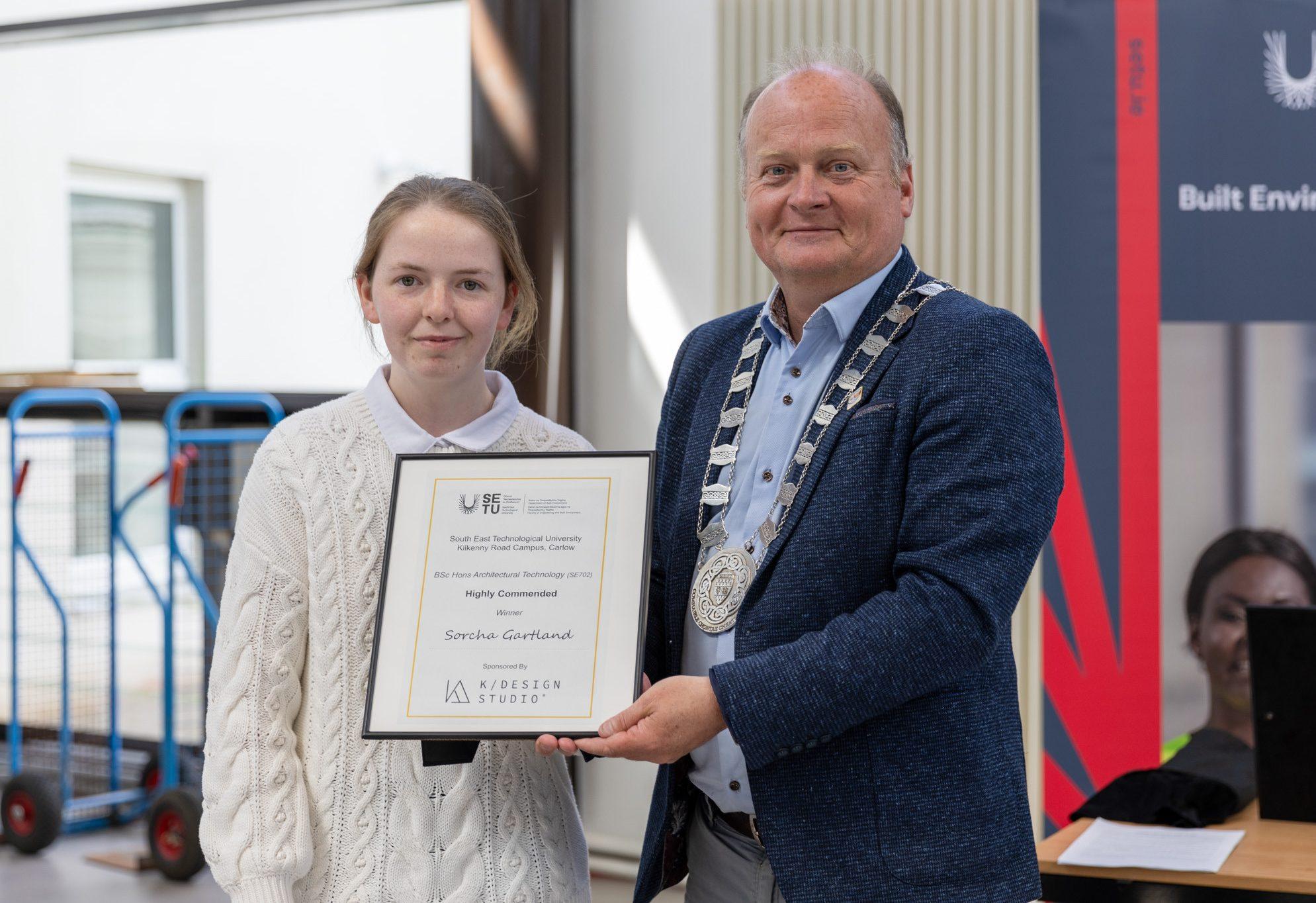 Chloe Gartland receiving a Highly Commended Award during SETU's Architectural Technology Exhibition in Carlow