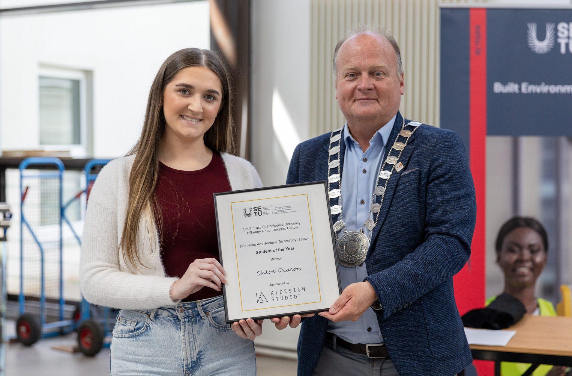 Chloe Deacon receiving the award for Student of the Year at SETU's Architectural Technology Exhibition in Carlow