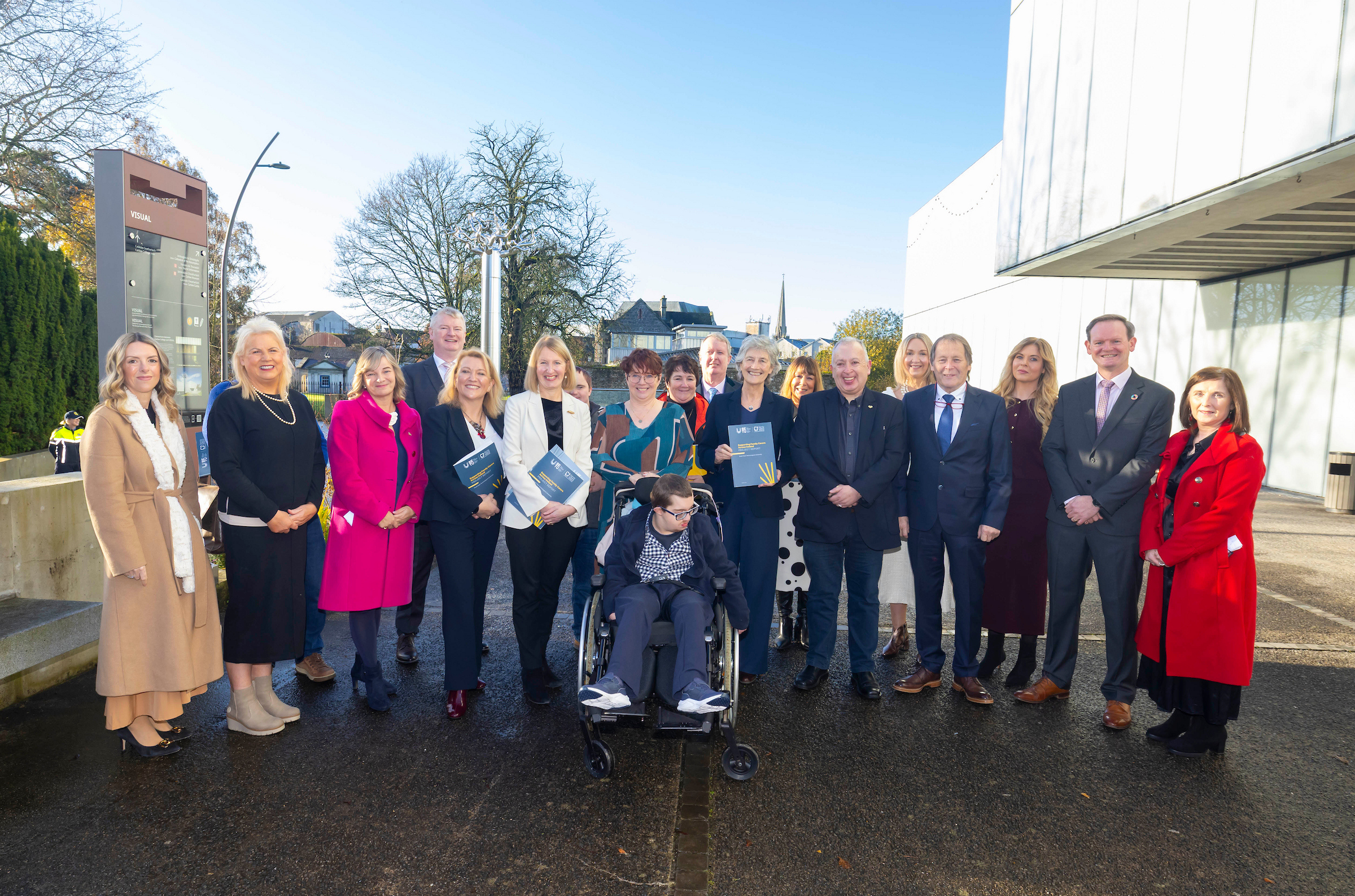President of Ireland, Catherine Connolly, photographed with President of SETU, Prof. Veronica Campbell, representatives from SETU and Family Carers Ireland (FCI), and family carer, Leona Davey and her son Alex, at the showcase of the 'Supporting Family Carers Across Ireland' project in Carlow