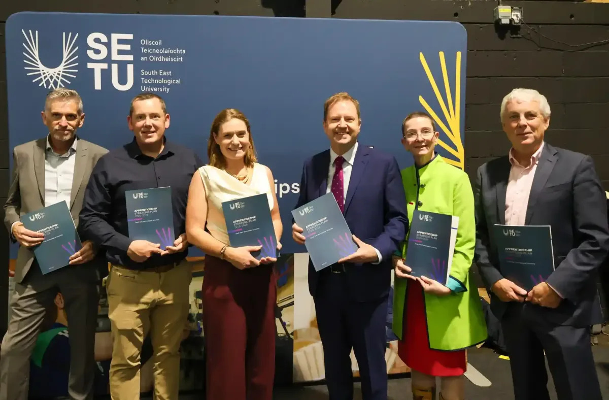 Pictured at WorldSkills Ireland 2026 at the RDS, Dublin, for the launch of SETU’s Apprenticeship Strategic Plan 2026–2028: (L–R) Dr Eoin Homan, Head of Department - Built environment, SETU; David Morrissey, Head of Apprenticeships, SETU; Dr Frances Hardiman, Head (Carlow) of Faculty of Engineering and Built Environment, SETU; James Lawless, Minister for Further and Higher Education, Research, Innovation and Science; Prof. Harriet Dunbar-Morris, Chief Academic Officer and Deputy President, SETU; and Dr Ken Thomas, Head (Waterford) of Faculty of Enginering and Built Environment.