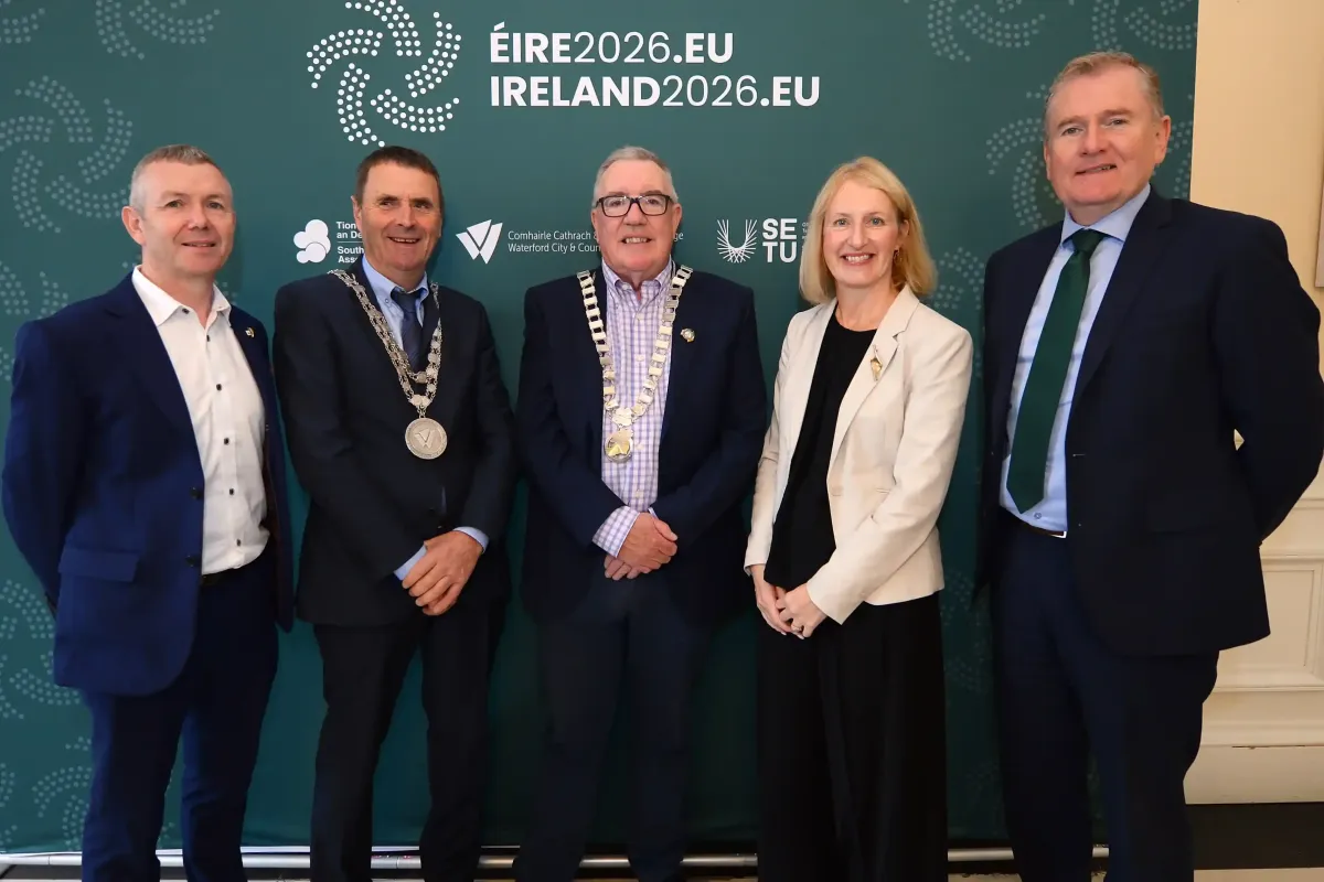 L-R: David Kelly, Director, Southern Regional Assembly; Mayor Liam Brazil, Waterford City and County Council; Cllr. Bobby O'Connell, Cathaoirleach, Southern Regional Assembly; Prof. Veronica Campbell, President, SETU; and Sean McKeown, Chief Executive, Waterford City and County Council. Photo credit: Justin Farrelly.