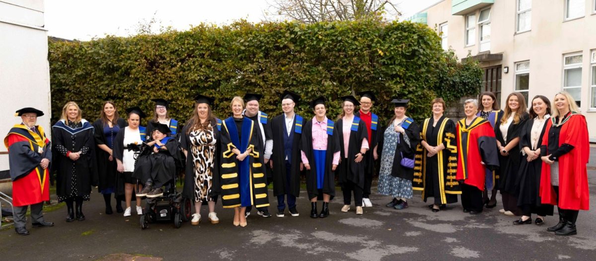 Students from South East Technological University’s (SETU) Certificate in Personal Development and Certificate in Applied Skills Development programmes pictured at the University’s 2026 conferring ceremonies in Carlow. The students are among the first 34 graduates of the programmes, which provide inclusive higher education opportunities for people with intellectual disabilities. The students are pictured with Prof. Veronica Campbell, President of SETU, and Prof. Hannah McGee, Pro-Chancellor, alongside Dr Catherine Kelly Mason, Director SETU Higher Education for People with Intellectual Disabilities, Dr Sharon Kinsella, Head of Department of Health and Sport Sciences, SETU Carlow and their lecturers.