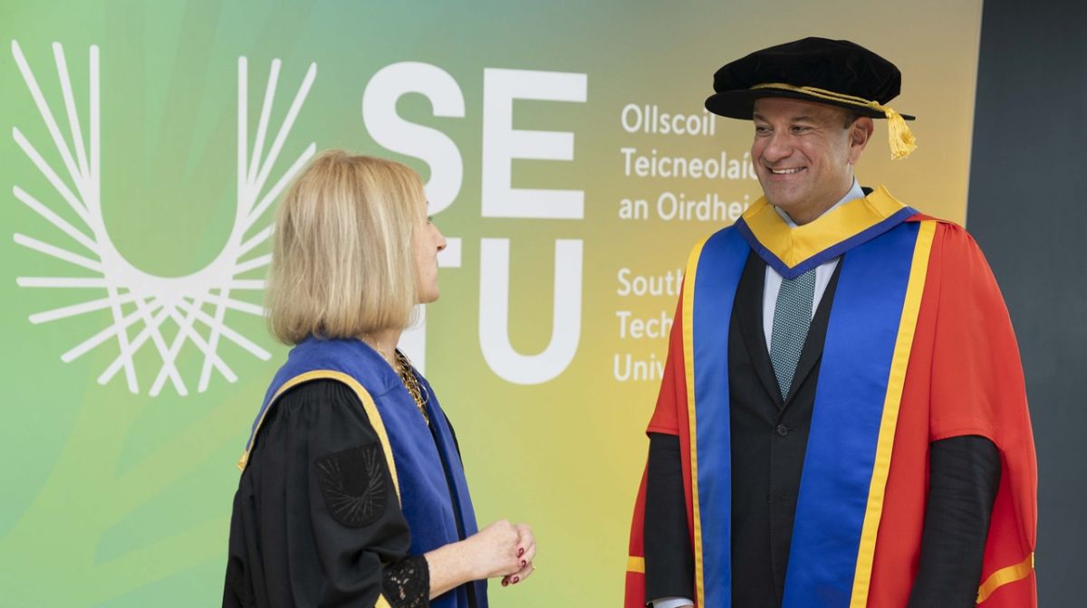 Pictured at SETU'S conferring of honorary doctorates were one of this year’s two recipients former Taoiseach, Leo Varadkar with Professor Veronica Campbell, SETU President.