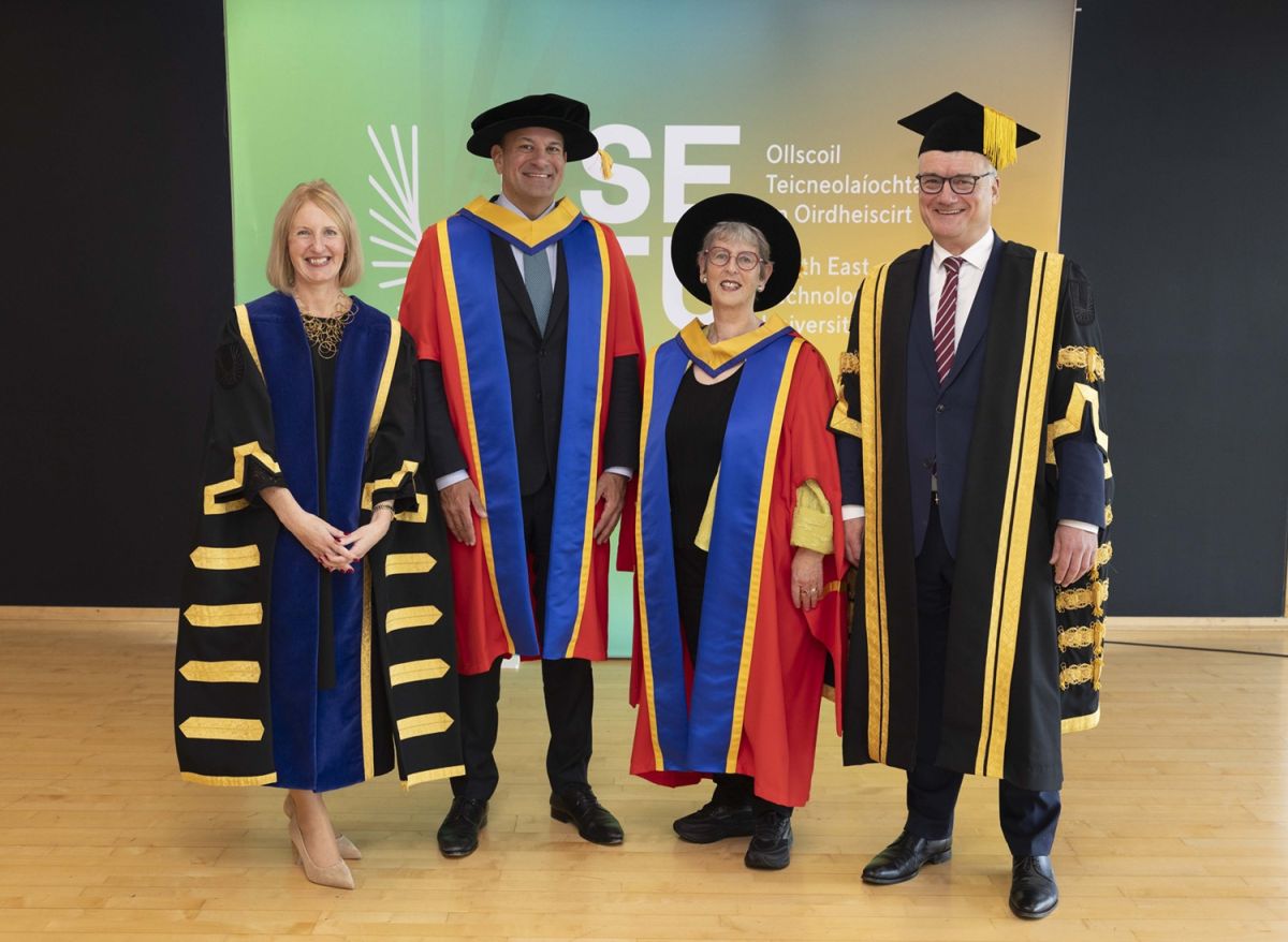 Pictured at SETU’s conferring ceremony in Waterford were Mr Varadkar and Professor O’Connor (centre) with Professor Veronica Campbell, SETU President, and Professor Patrick Prendergast, Chairperson of SETU’s Governing Body and Chancellor of the University.
