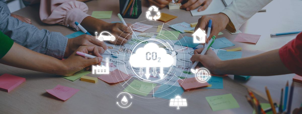 AI generated image of recycling icons floating above people working on a project in the background