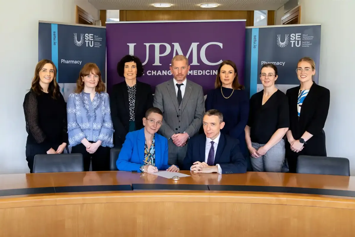 Photo caption: Professor Harriet Dunbar-Morris, Chief Academic Officer and Deputy President, SETU, and James Carr, Director of Pharmacy, UPMC Ireland are pictured with (L-R): Dearbhla Walsh, Lecturer in Pharmacy, SETU; Dr Harriet Bennett-Lenane, Senior Lecturer and MPharm Programme Director, SETU; Dr Claire Lennon, Head of Department of Pharmacy, SETU; Kevin Casey, Chief Pharmacist, UPMC Aut Even Hospital; Gwen Daniels, General Manager, UPMC Whitfield Hospital; Caroline Dwan, Chief Pharmacist, UPMC Whitfield Hospital; and Aoife Clancy, Chief Pharmacist (Medicines Information & Medication Safety), UPMC Ireland at the signing of a MoU between SETU and UPMC in Waterford.