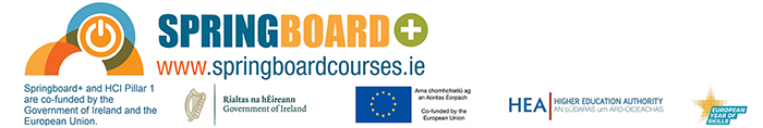 a row of logos, that include Springboard, Government of Ireland, the European union and the Higher Education Authority