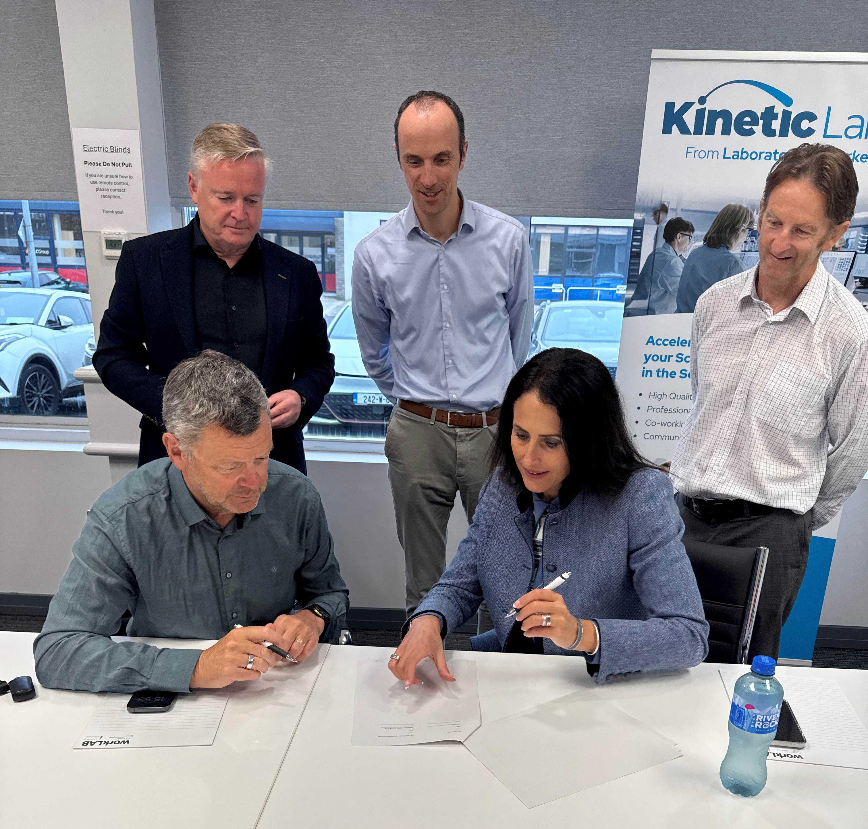 Patsy Carney, Director of Kinetics Lab and Professor Marie Claire Van Hout, Vice President Research, Innovation and Impact pictured signing on an MoU between SETU and Kinetics Lab with Seamus Kilgannon, Director of Kinetics Lab, Dr Niall O'Reilly, Centre Manager of PMBRC and Dr James O’Sullivan, Head of Innovation & Commercialisation at SETU.