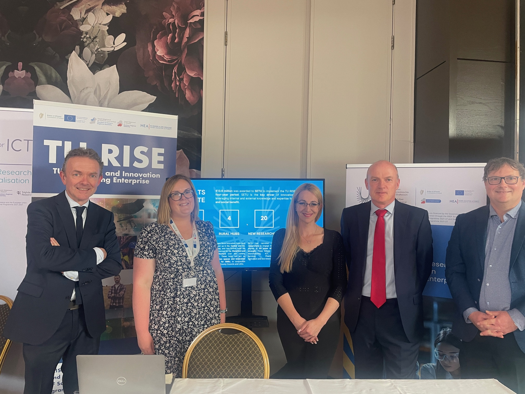 John Purcell from the HEA, with Marie Harnett from the Southern Regional Assembly pictured with Dr Alessandra Heggenstaller, TU RISE Project Manager, Enda Hogan, Southern Regional Assembly and Brian Ogilvie, SETU Head of Rural Innovation and Entepreneurship