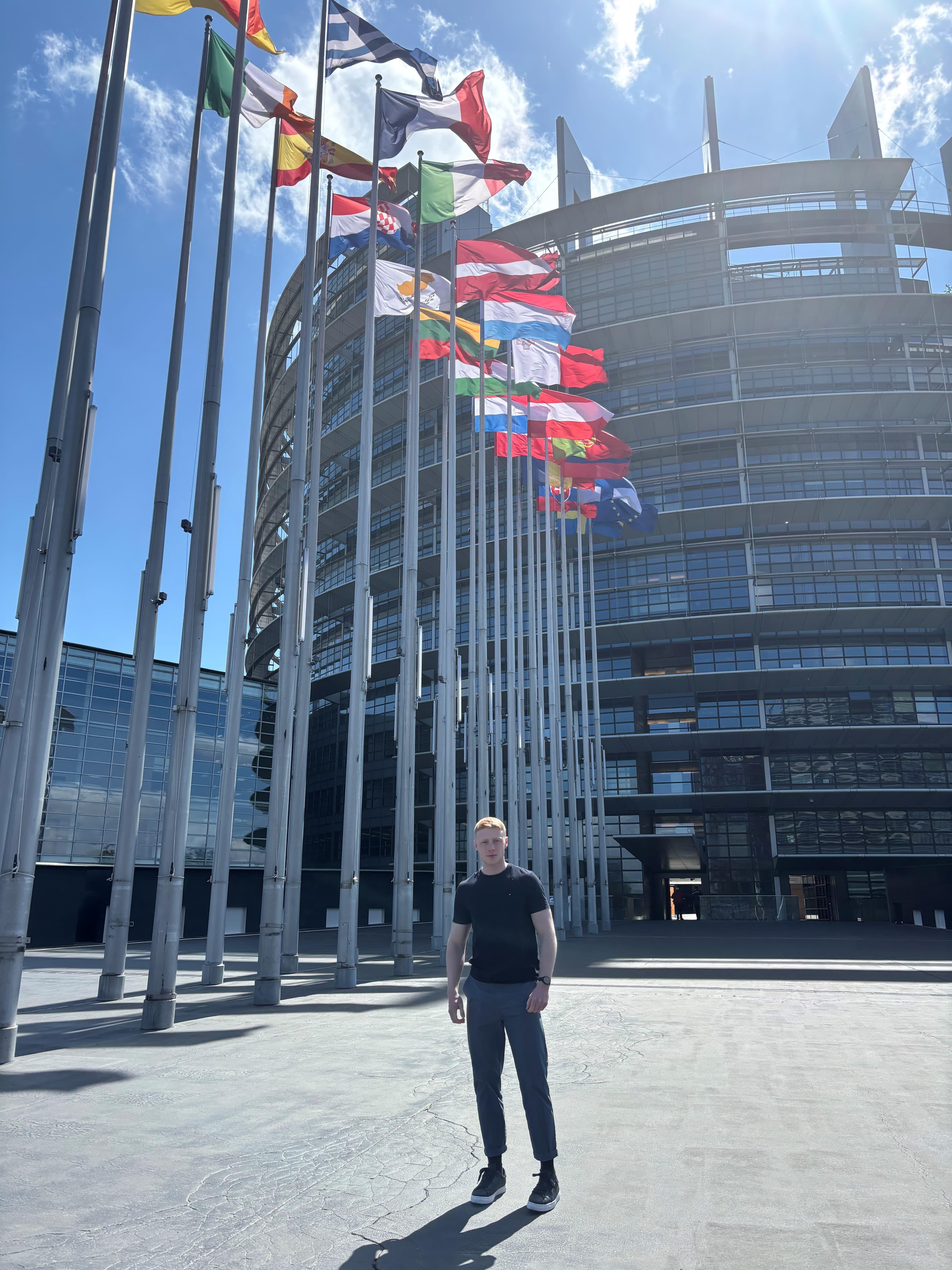 Student standing outside EU parliament