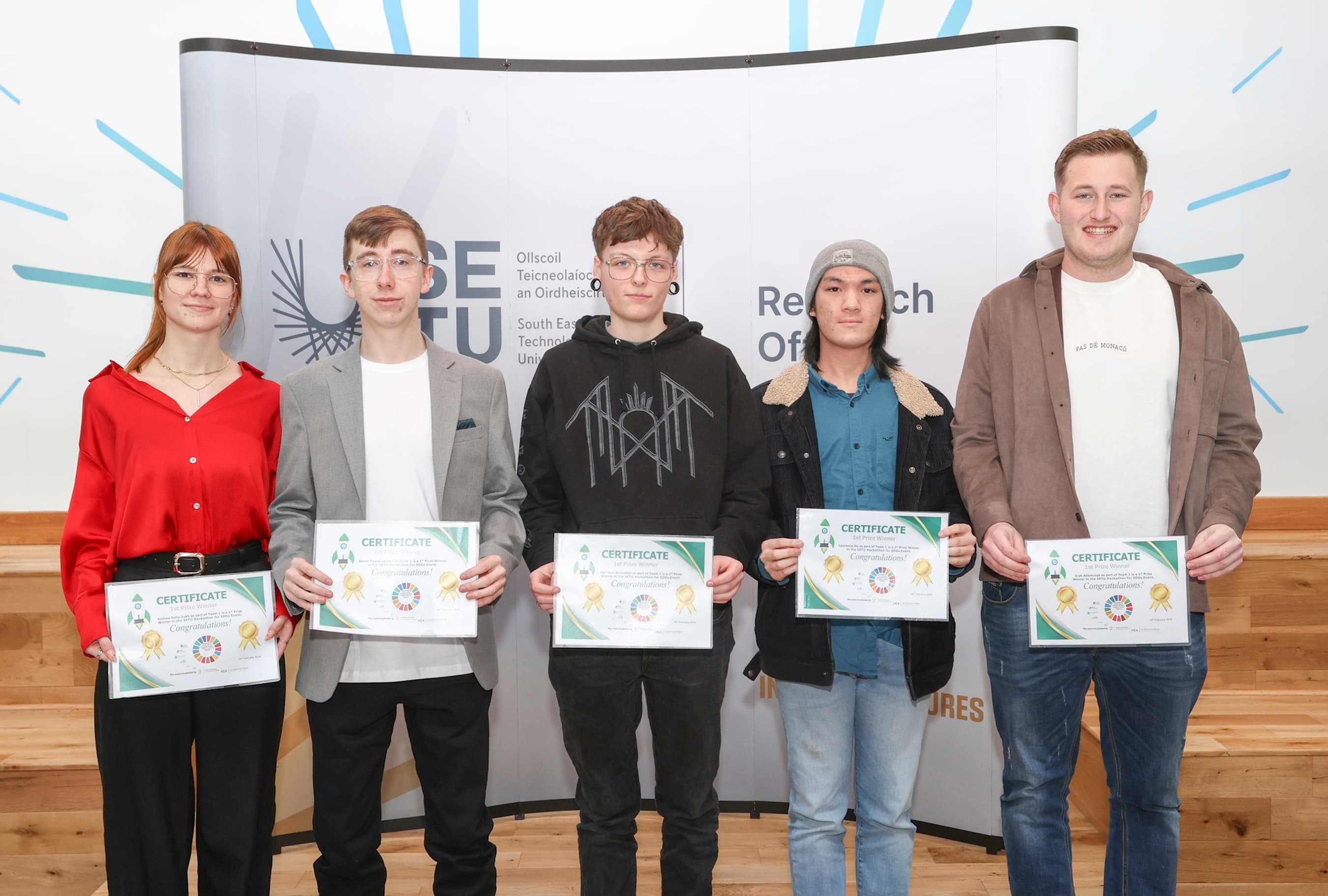 L-R: Andrea Sofia Zukh, Aaron Power, Harrison Donnellan, Laurence Ho, Eryk Adamczyk; SETU SDG Hackathon Team. 