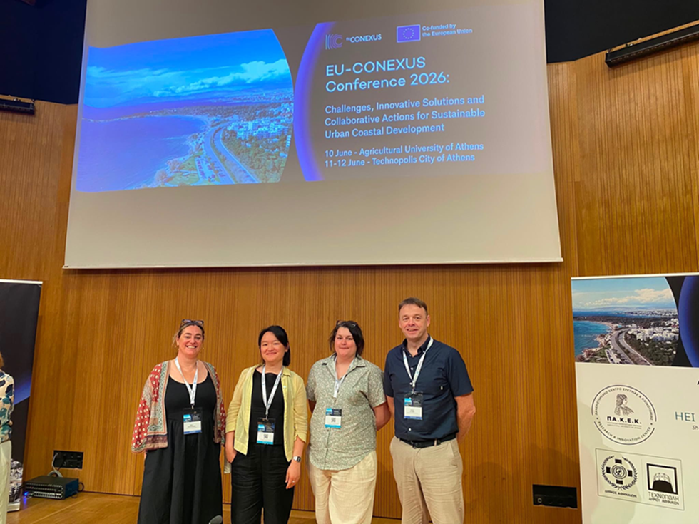 The Cúpla Trá project team (left to right) Dr. Emily Shakespeare, Emily Kim, Sinead Barnett, Dr. Robin Stubbs, presenting at the 2026 EU CONEXUS Conference.